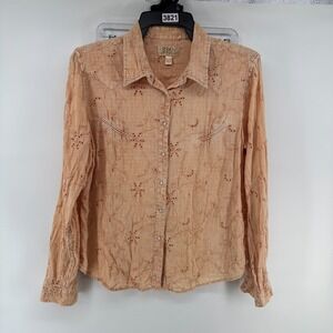 Ryan Michael Linen Western Shirt Large Peach EyeletEmbroidered Pearl Snap